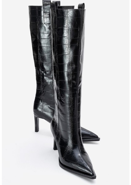 Lunelle Siyah Baskı Sivri Burunlu Kadın Topuklu Çizme