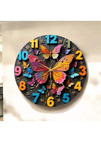 Kelebek Hayvan Renkli Baskı Desenli Sayılı Hediyelik Ahşap Sessiz Tablo Duvar Saati