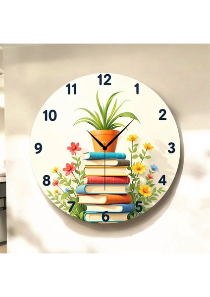 Kitap Kütüphane Öğretmen Renkli Baskı Desenli Sayılı Hediyelik Ahşap Sessiz Tablo Duvar Saati