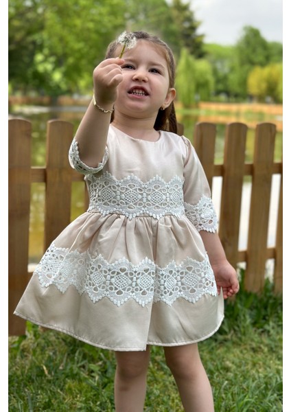 Kız Bebek Elbise Kız Çocuk Elbise Doğum Günü Parti Düğün Elbise Dantelli Kısa Kol astarlı elbise