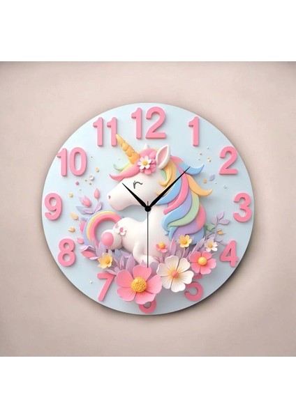 Unicorn At Renkli Baskı Desenli Sayılı Hediyelik Ahşap Sessiz Tablo Duvar Saati fiyatları