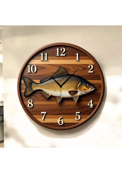 Balık Renkli Baskı Desenli Sayılı Hediyelik Ahşap Sessiz Tablo Duvar Saati