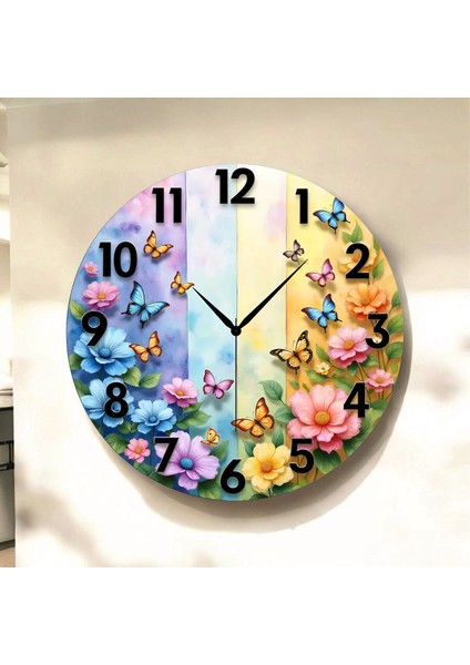 Çiçek Renkli Baskı Desenli Sayılı Hediyelik Ahşap Sessiz Tablo Duvar Saati