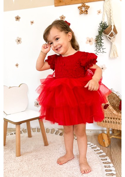 Kız Bebek Elbise Kız Çocuk Elbise Doğum Günü Parti Düğün Elbise Dantelli Kısa Kol astarlı elbise