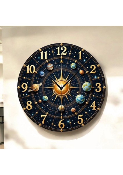 Uzay Evren Güneş Sistem Renkli Baskı Desenli Sayılı Hediyelik Ahşap Sessiz Tablo Duvar Saati