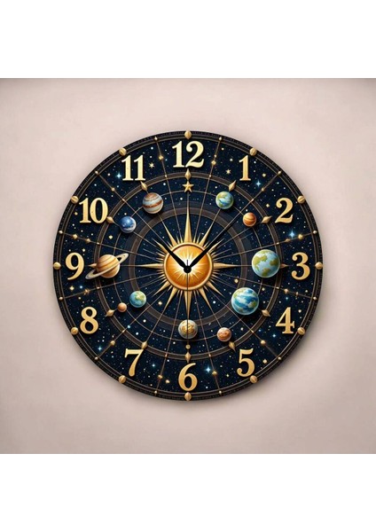 Uzay Evren Güneş Sistem Renkli Baskı Desenli Sayılı Hediyelik Ahşap Sessiz Tablo Duvar Saati fiyatları