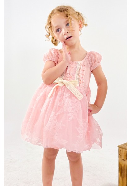 Kız Bebek Kız Çocuk Doğum Günü Parti Düğün Elbise Kısa Kol Dantelli Astarlı Elbise