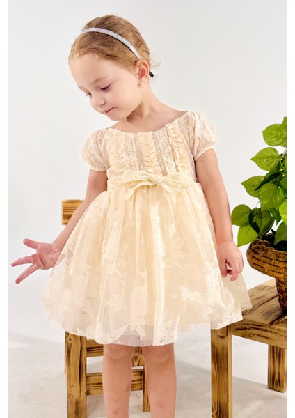 Kız Bebek Kız Çocuk Doğum Günü Parti Düğün Elbise Kısa Kol Dantelli Astarlı Elbise