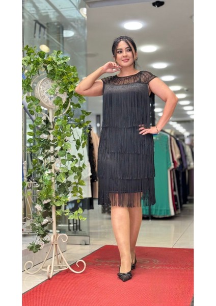 Büyük Beden Püsküllü Abiye Elbise Bisiklet Yaka, Kolsuz Şık Gece Elbisesi