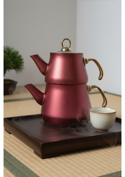 Granit Kaplama Gold Kulplu Cam Kapak Çaydanlık Bordo