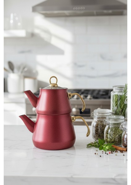 Granit Kaplama Gold Kulplu Cam Kapak Çaydanlık Bordo modelleri