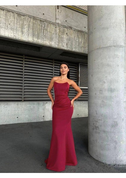 Scuba Straplez Uzun Elbise Bordo 583301
