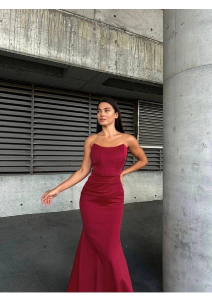 Scuba Straplez Uzun Elbise Bordo 583301 modelleri