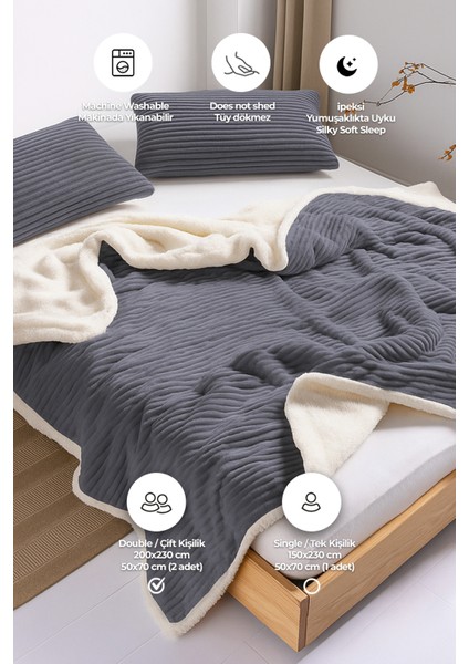 Sherpa Battaniye Seti Çift Kişilik 3 Parça Çizgili Yumuşak Peluş Wellsoft Yatak Örtüsü fiyatları