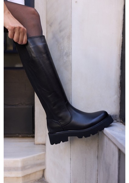 Dalila Kadın Siyah Gercek Deri Arka Lastık Fermuar Detay Xl Eva Taban Çizme modelleri