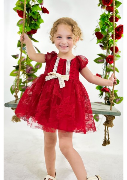 Kız Bebek Kız Çocuk Doğum Günü Parti Düğün Elbise Kısa Kol Dantelli Astarlı Elbise