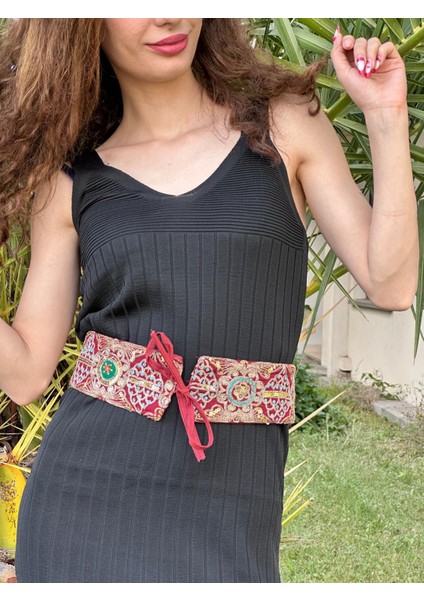 Bordo Osmanlı Deseni Payet Işleme Kadın Etnik Kemer 70X8 cm fırsatları