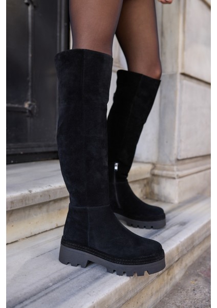Giselle Kadin Siyah Gercek Suet Diz Ustu Yandan Fermuarli Çizme