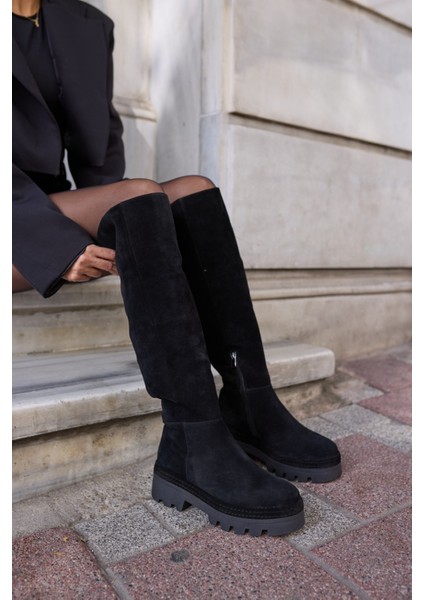 Giselle Kadin Siyah Gercek Suet Diz Ustu Yandan Fermuarli Çizme