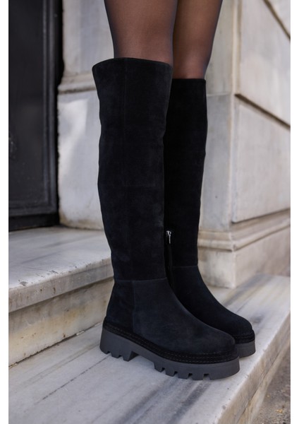 Giselle Kadin Siyah Gercek Suet Diz Ustu Yandan Fermuarli Çizme