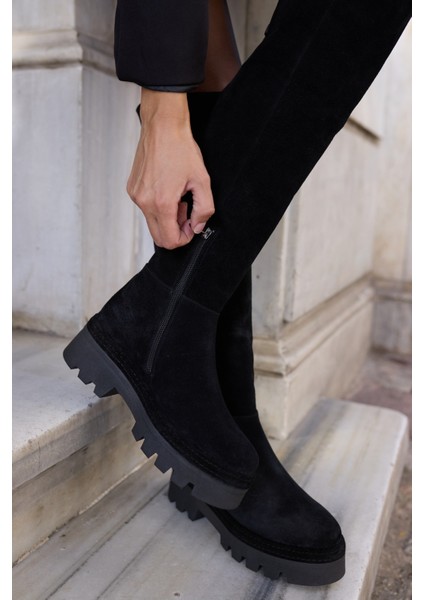 Giselle Kadin Siyah Gercek Suet Diz Ustu Yandan Fermuarli Çizme
