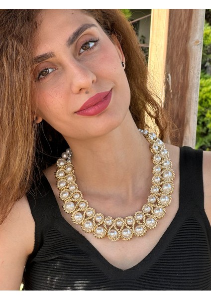 Atın Sarı Zincirli Inci Dizmeli Kadın Tasarım Kolye 25 cm