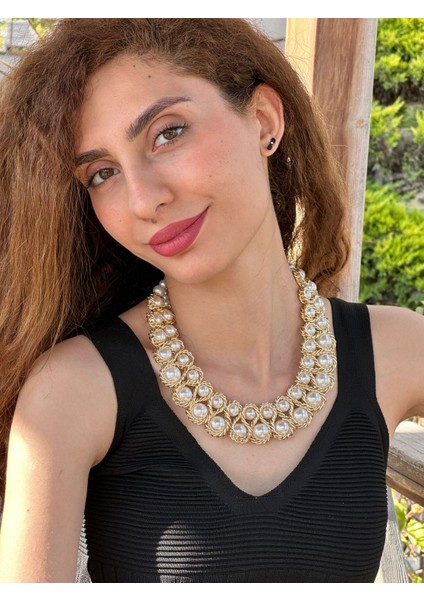 Atın Sarı Zincirli Inci Dizmeli Kadın Tasarım Kolye 25 cm modelleri