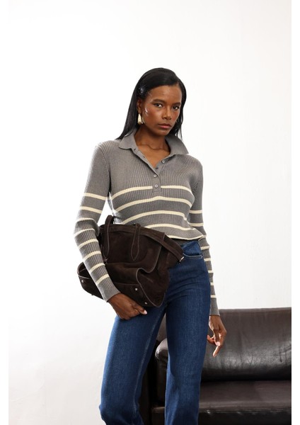 Antrasit Polo Yaka Fitilli Triko Kazak modelleri