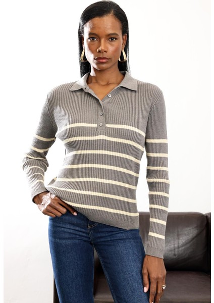 Antrasit Polo Yaka Fitilli Triko Kazak fırsatları