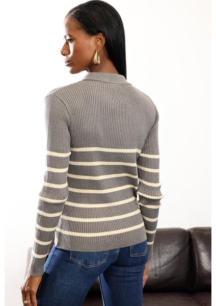 Antrasit Polo Yaka Fitilli Triko Kazak indirimleri