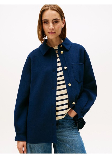 Çift Taraflı Yün Karışımlı Normal Kesim Kadın Mavi Ceket WW0WW46558C1G