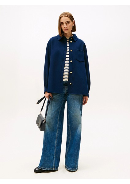 Çift Taraflı Yün Karışımlı Normal Kesim Kadın Mavi Ceket WW0WW46558C1G modelleri