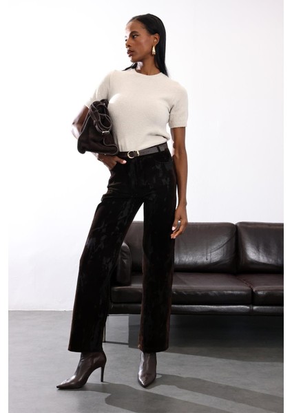 Kahverengi Kadife Karışımlı Düz Kesim Pantolon