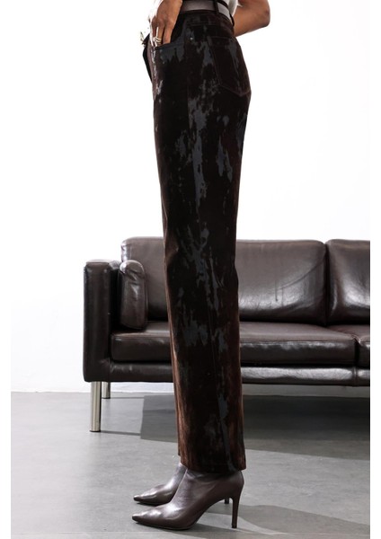 Kahverengi Kadife Karışımlı Düz Kesim Pantolon indirimleri