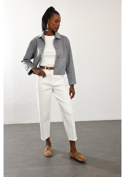 Gri Gömlek Yaka Kısa Yün Ceket fiyatları