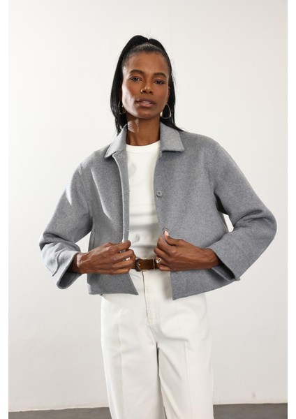 Gri Gömlek Yaka Kısa Yün Ceket indirimleri