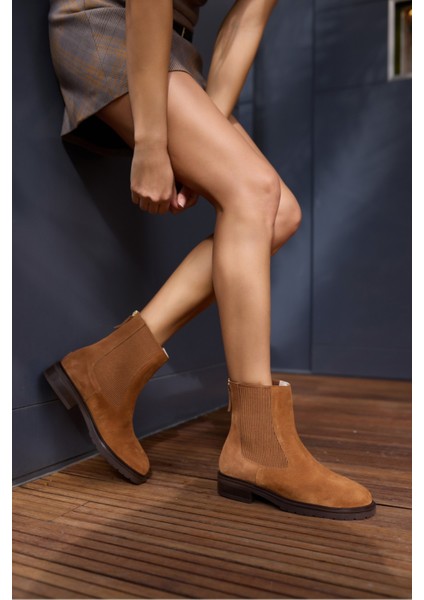 Hella Kadın Taba Gercek Deri Süet Arka Fermuar Lastık Detay Bot