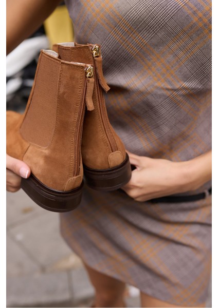 Hella Kadın Taba Gercek Deri Süet Arka Fermuar Lastık Detay Bot modelleri