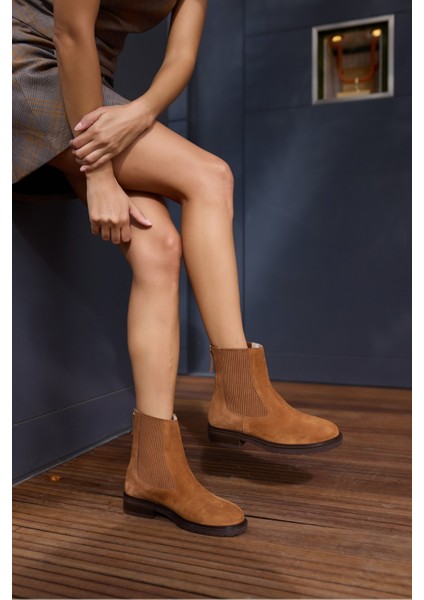 Hella Kadın Taba Gercek Deri Süet Arka Fermuar Lastık Detay Bot