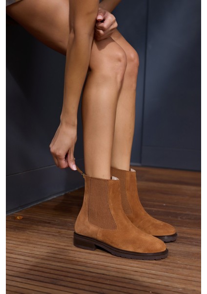 Hella Kadın Taba Gercek Deri Süet Arka Fermuar Lastık Detay Bot