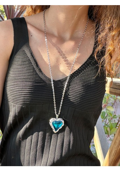 Mavi Cam Taşlı Kalp Uzun Kolye 40 cm fiyatları