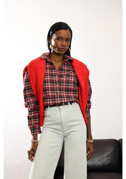 Bordo Ekose Desenli Gömlek