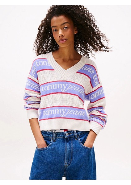 Tjw Çizgili Logolu Kadın Beyaz Kazak DW0DW21682YBH