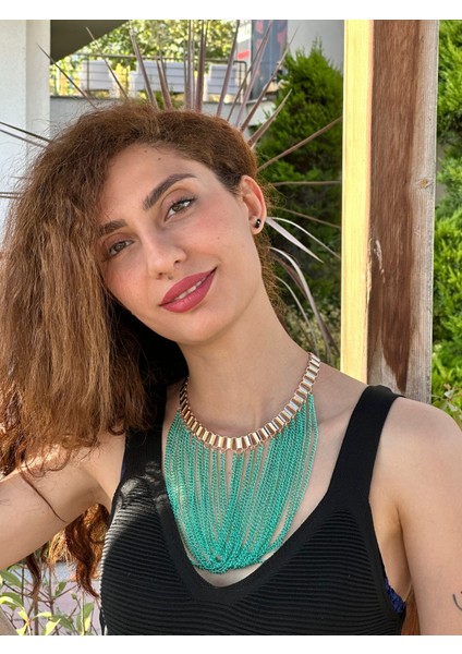 Çelik Yeşil Zincirli Tasarım Kadın Kole 20 cm