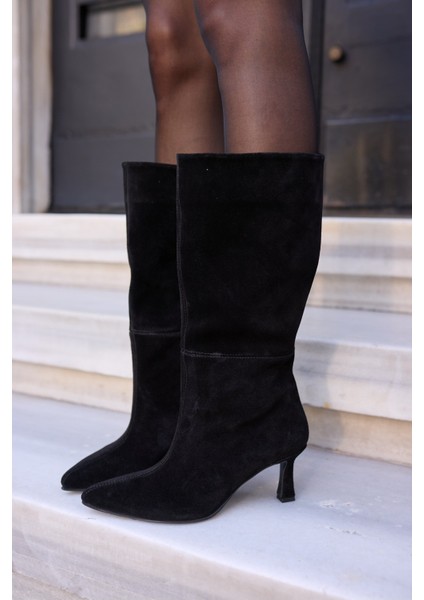 Perri Kadin Siyah Gercek Suet Yarım Astarsız Topuklu Çizme indirimleri