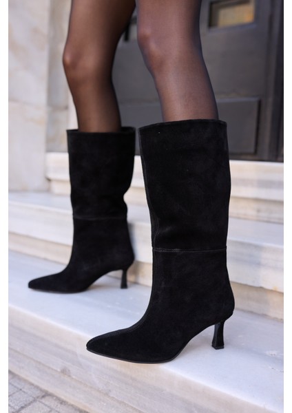 Perri Kadin Siyah Gercek Suet Yarım Astarsız Topuklu Çizme