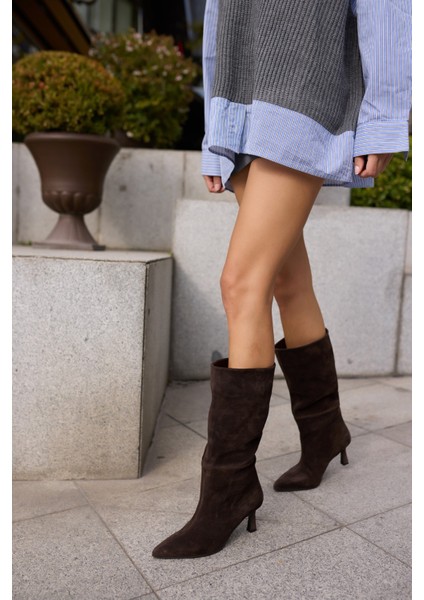Perri Kadin Siyah Gercek Suet Yarım Astarsız Topuklu Çizme