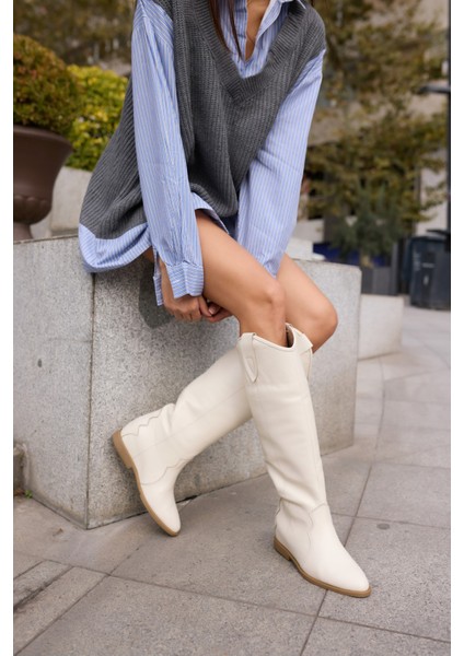 Antoneli Kadin Bej Gercek Deri Dolgu Topuk Çizme fırsatları