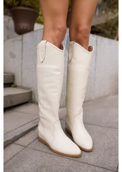 Antoneli Kadin Bej Gercek Deri Dolgu Topuk Çizme