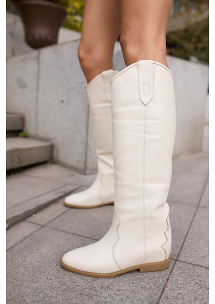 Antoneli Kadin Bej Gercek Deri Dolgu Topuk Çizme